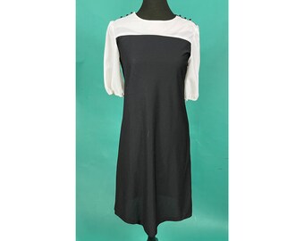 Vintage 80s Two Tone Black and White Colorblock Shoulder Button Cinched Waist Tuxedo Dress size 8