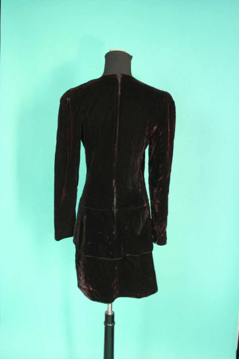 Vintage 1980s 80 Black CRUSHED Velvet Long Sleeve Tiered Skirt Little Black Dress Formal Holiday Designer Maggy London size 8