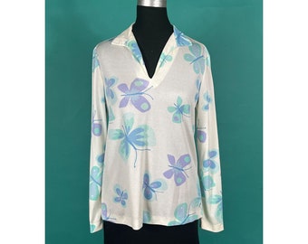 Vintage 70s Pastel Big Butterfly All Over Novelty Print Long Sleeve V Neck Collared Ugna Blouse size 10