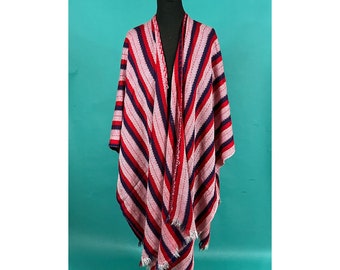 Vintage 80s Red White and Blue Striped Tassel Shawl Wrap Poncho Scarf