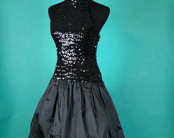 Black Sequins Halter Dress 80s Vintage Party Drop Waist Tulle Bubble Skirt Cocktail Formal Gown size 3