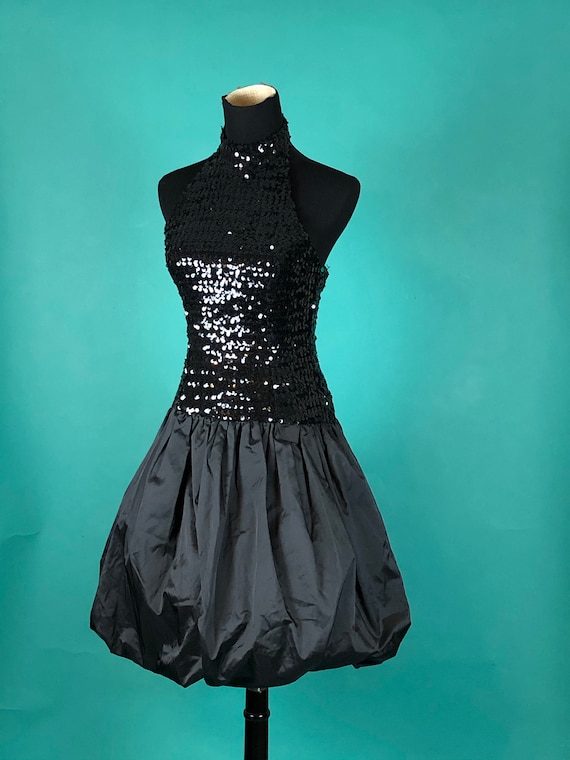 Black Sequins Halter Dress 80s Vintage Party Drop… - image 1
