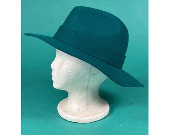 Vintage 90s Teal Wool Country Western Wide Flat Brim Fedora Hat