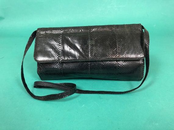 Vintage 1980s Black Snakeskin Clutch handbag - image 1