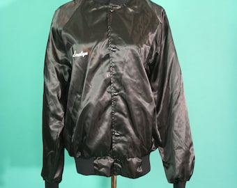 Vintage 1980s 80s Black Snap Button Up Shiny Carolyn Letterman Bomber Baseball Trucker Windbreaker Jacket size Medium M