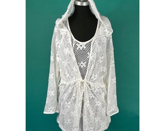 Vintage 90s White Knit Flower Netted Drawstring IG Sport Pullover Hooded Long Sleeve Beach Overcoat