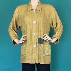 Vintage jaren 90 Nino Wong California Linen Abalone Rainbow Bear Pullover met zakken, kraag en knoopsluiting, maat Large