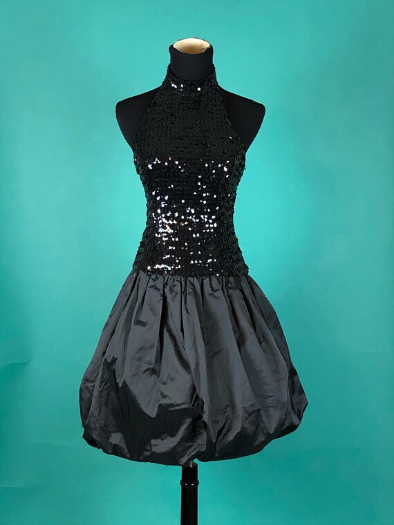 Black Sequins Halter Dress 80s Vintage Party Drop… - image 2