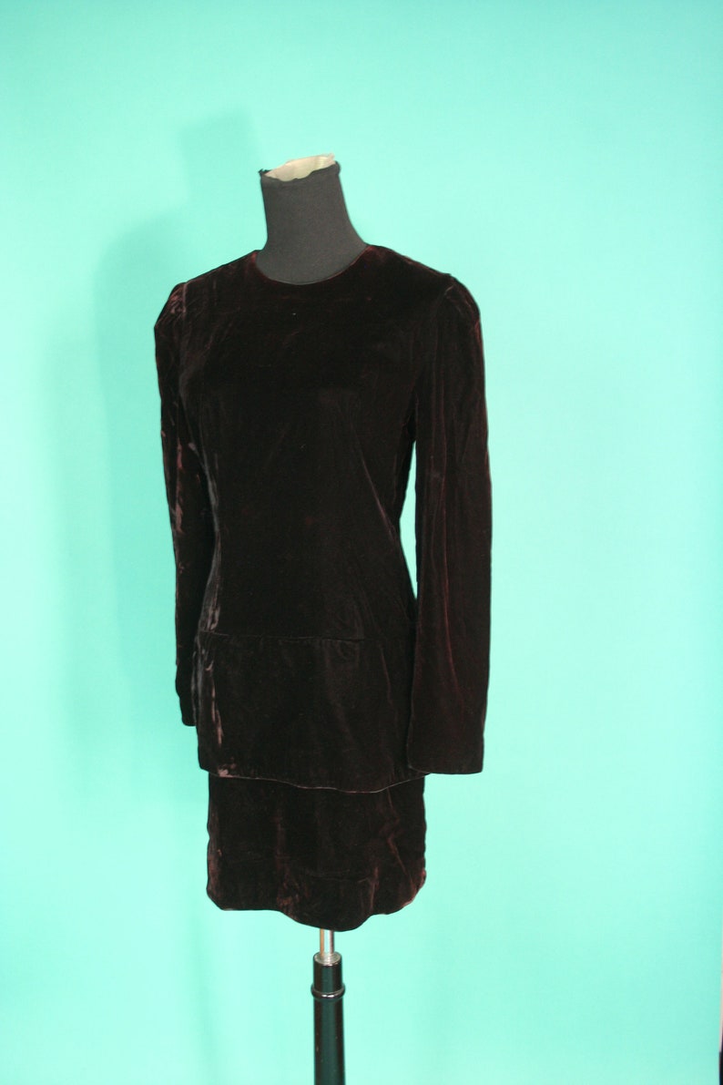 Vintage 1980s 80 Black CRUSHED Velvet Long Sleeve Tiered Skirt Little Black Dress Formal Holiday Designer Maggy London size 8