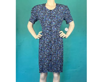 Vintage 1990s Bright Blue Floral Print Button up Short Sleeve Fitted Waist Dress size S