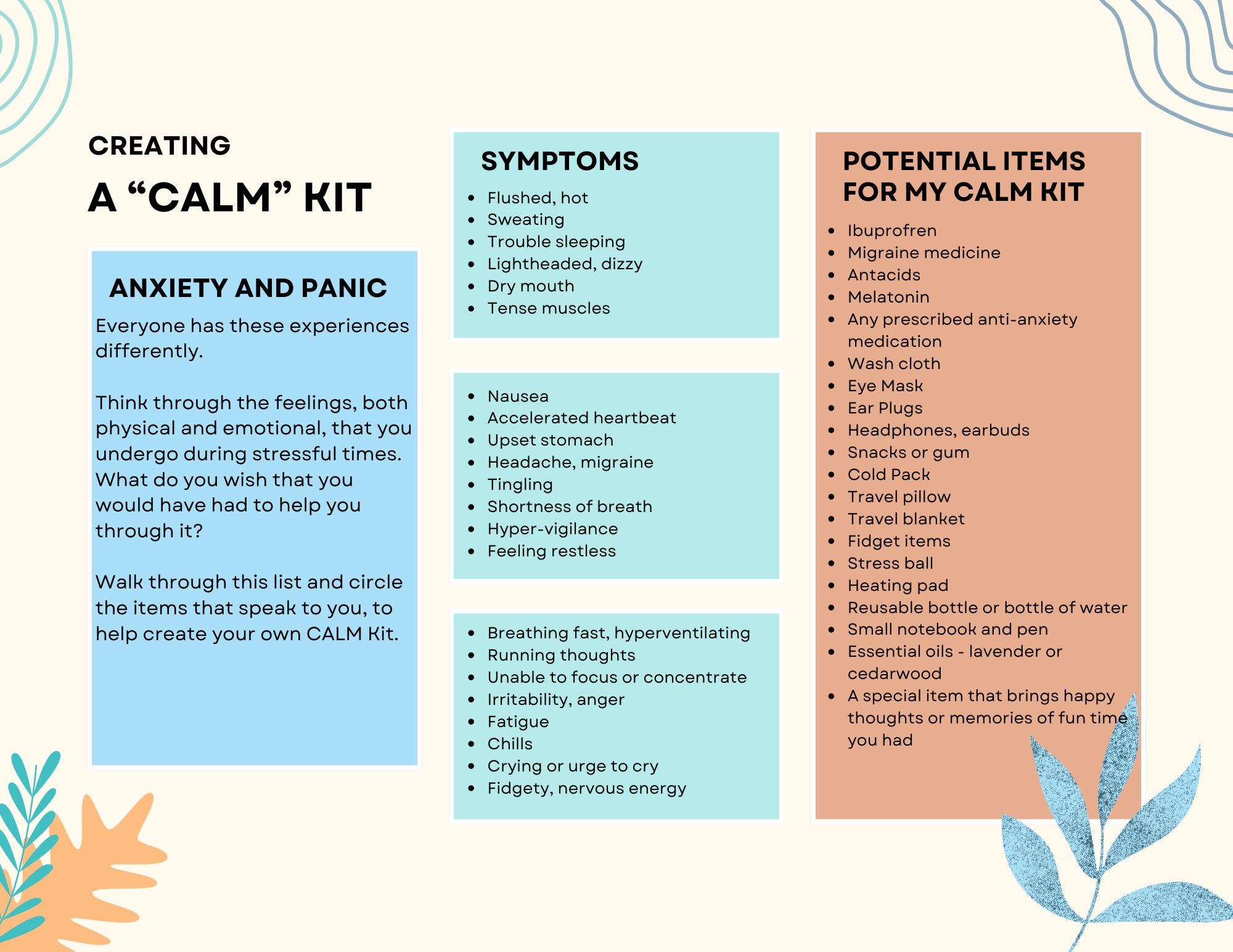Panic First Aid Kit, Printable Anti-panic Checklist, Editable CALM Kit ...