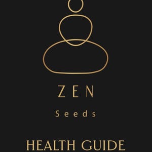 Może przedstawiać: Złoty zarys osoby siedzącej w pozycji medytacyjnej, z tekstem "ZEN Seeds HEALTH GUIDE" poniżej.