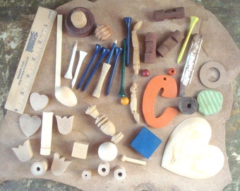 40 Wood Scrap Pieces, Assorted Shapes, Mixed Media, Primitive Craft Supplies, Found Objects