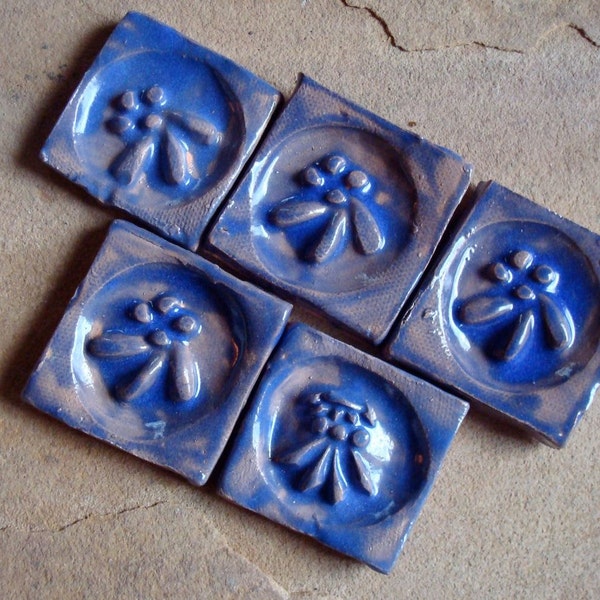 Rustic Earthenware Blue on Brown Embossed Ceramic Clay Mosaic Art Tiles  2" x 2"