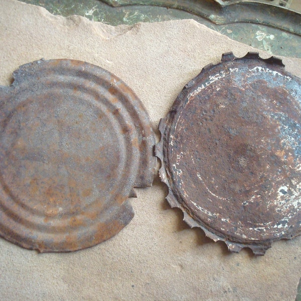 2 Large Rusty Metal Round Flat Circles ~ Old Can Lids 6" ~ Found Objects for Sculpture, Assemblage or Altered Art