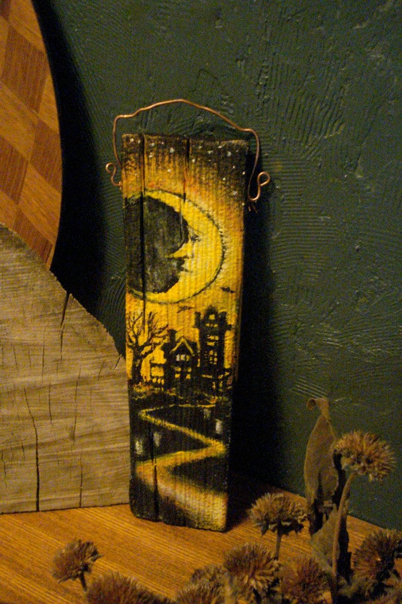 Primitive Halloween Folk Art Painting on Reclaimed Wood Panel | Etsy