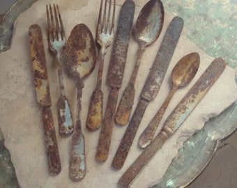 9 Rusty Metal Spoons, Forks, Knife, Knives Flatware, Eating Utensils, Table Wear, Rustic Primitive Craft Supply