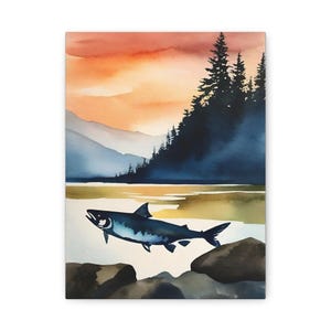 Canvas Print, Alaska Salmon Artwork - Home Decor, Wall Art, Nature Lover Gift, Wildlife Painting, Fisherman Gift