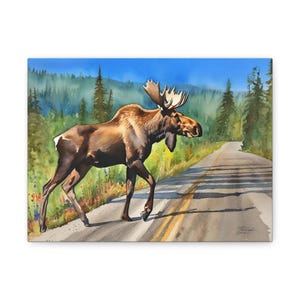 Canvaskunst eland op de weg, natuurmuurdecor, natuurkunstwerk, woondecoratie, cadeau voor natuurliefhebbers, hutkunst