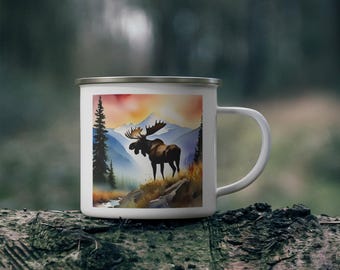 Enamel Mug, Alaska Valley Moose Camping Cup, Outdoor Adventure Gift, Rustic Cabin Decor, Wilderness Coffee Mug, Campfire Tea Cup
