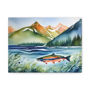 Impression sur toile, oeuvre d'art saumon de la rivière Alaska, cadeau de décoration murale, amateur de pêche, scène nature, décoration d'intérieur animalier
