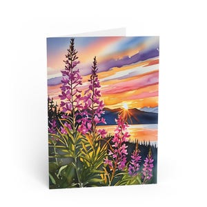 Cartões de felicitações, Fireweed Sunset Design, Papelaria, Cartões de notas, Arte do pôr do sol, Cartões da natureza