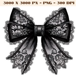 May include: A black lace bow with intricate floral designs. The bow is tied in a knot and has a large, flowing shape.