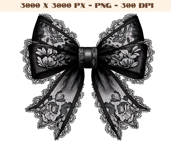Elegant vintage Black Lace Bow PNG,Coquette Dark Aesthetic Ribbon Print,Feminine Sublimation Clipart, Instant Download Design,Fashion Trendy