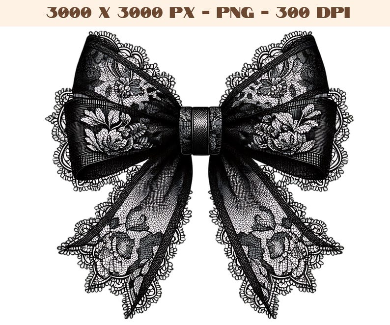 May include: A black lace bow with intricate floral designs. The bow is tied in a knot and has a large, flowing shape.