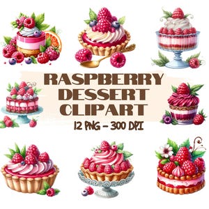 Puede incluir: Un conjunto de clipart digital de 12 ilustraciones de postres de frambuesa. El conjunto incluye varios postres de frambuesa, incluyendo tartas, pasteles y cupcakes, todos decorados con frambuesas frescas y otros detalles. Las ilustraciones están en un estilo de acuarela y son perfectas para usar en scrapbooking digital, creación de tarjetas y otros proyectos creativos.