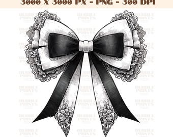 Lace Bow PNG, Victorian vintage Black and White lace png,Cute Coquette design,Watercolor ribbon image,White bow illustration graphic,digital