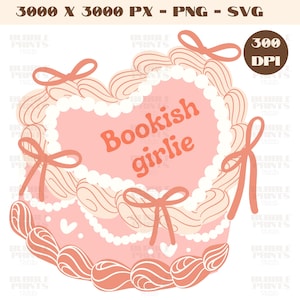 May include: A pink heart-shaped cake with white frosting and pink bows. The cake is decorated with white pearls and the text "Bookish girlie" is written in pink letters on the cake.