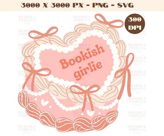 Bookish girlie PNG, Coquette Heart Cake Clipart, Trendy PNG, Popular PNG, Retro Cake Png, Girly Png, Just A Girl Png, Book Clipart Design