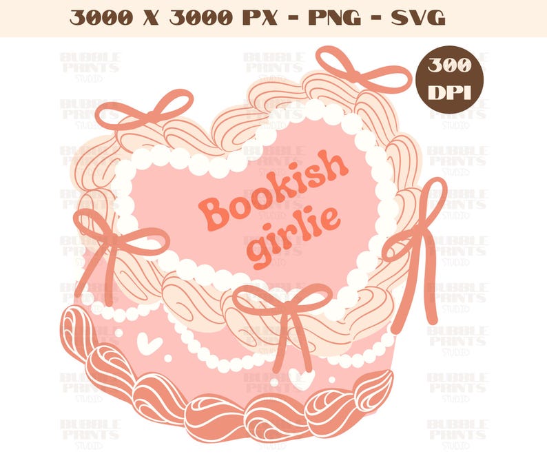 May include: A pink heart-shaped cake with white frosting and pink bows. The cake is decorated with white pearls and the text "Bookish girlie" is written in pink letters on the cake.