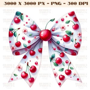 May include: A white bow with a cherry and leaf pattern. The bow is tied with a red cherry in the centre.