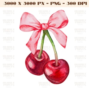 May include: Two red cherries with green stalks and a pink bow tied around the stalks. The cherries are painted in a watercolour style.