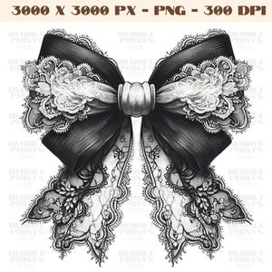 May include: A black and white illustration of a large, ornate bow with lace details. The bow is tied in a knot and has a large, round centre piece.