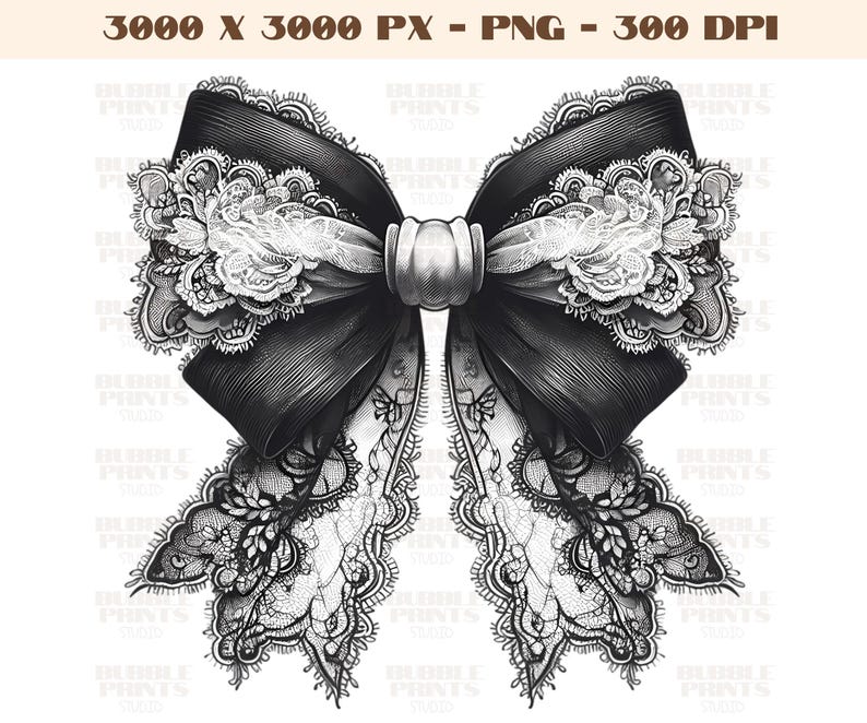 May include: A black and white illustration of a large, ornate bow with lace details. The bow is tied in a knot and has a large, round centre piece.