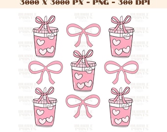 Rosa Kokette Eiskaffee PNG-Sublimation-Download-T-Shirt Design, Eiskaffee PNG, Retro Sublimation, Trendy Kaffee PNG, Schleife Png, Alltag Png