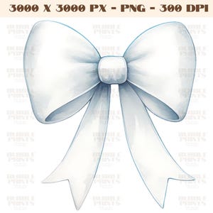 May include: A white watercolour bow with a light blue tint. The bow is tied with a long ribbon.