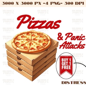 Può includere: Una pizza al pepperoni è appoggiata su una pila di scatole per pizza. L'immagine include il testo "Pizzas & Panic Attacks" in rosso, insieme a una promozione "Compra 1, prendi 1 gratis". È presente anche la parola "Distressed".