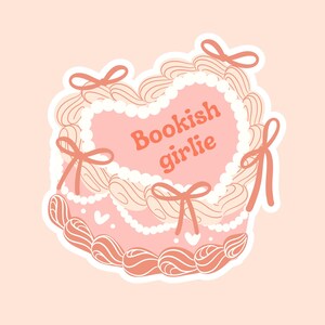 May include: A pink heart-shaped sticker with white swirls and pink bows. The sticker says "Bookish girlie" in orange text.