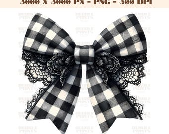 Black lace Gingham Coquette Bow PNG, Black and White Ribbon Bow PNG,Black lace Bow png, dark feminine aesthetic checked bow digital clipart