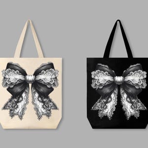May include: Two tote bags featuring black and white lace bow designs. One bag is white and the other is black.
