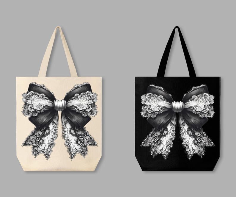 May include: Two tote bags featuring black and white lace bow designs. One bag is white and the other is black.