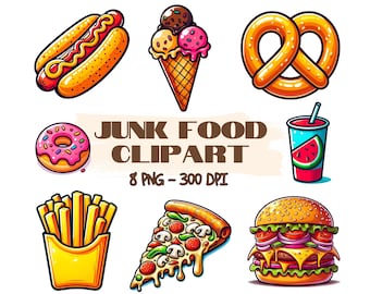 Junk Food Clipart Set, Fast Food Clipart Set, Burger PNG, Pizza PNG, food png, Hotdog Sandwich png, Ice Cream png, fries png, Donut PNG
