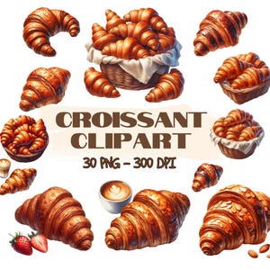 30 Croissant ClipArt, Croissant PNG, Watercolor Croissant illustration, Breakfast PNG, Food ClipArt, Dessert PNG, french, Bakery, Brunch