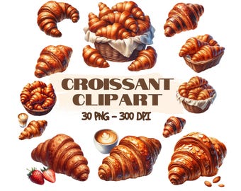 30 Croissant ClipArt, Croissant PNG, Watercolor Croissant illustration, Breakfast PNG, Food ClipArt, Dessert PNG, french, Bakery, Brunch