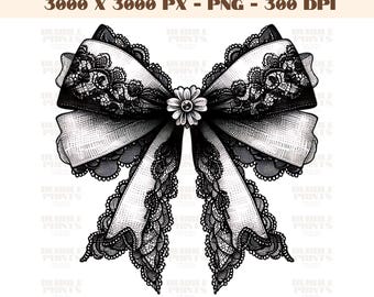 Black white Lace Bow PNG, Dark Coquette Bows, black Ribbon print, dark Feminine Aesthetic Sublimation Digital Download Design Clipart,Trendy