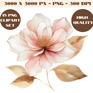 Abstract Flowers Clipart PNG,Pink Gold Flower,Boho Chic Flowers PNG,Printable Watercolor clipart,High Quality PNGs,Translucent Flowers Print